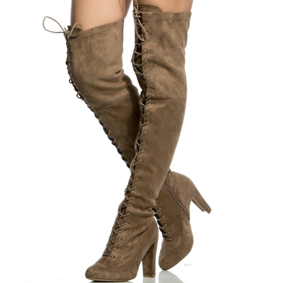 6.5 & 7 Taupe Faux Suede Chunky Lace Up Thigh High Boots - Picture 3 of 6